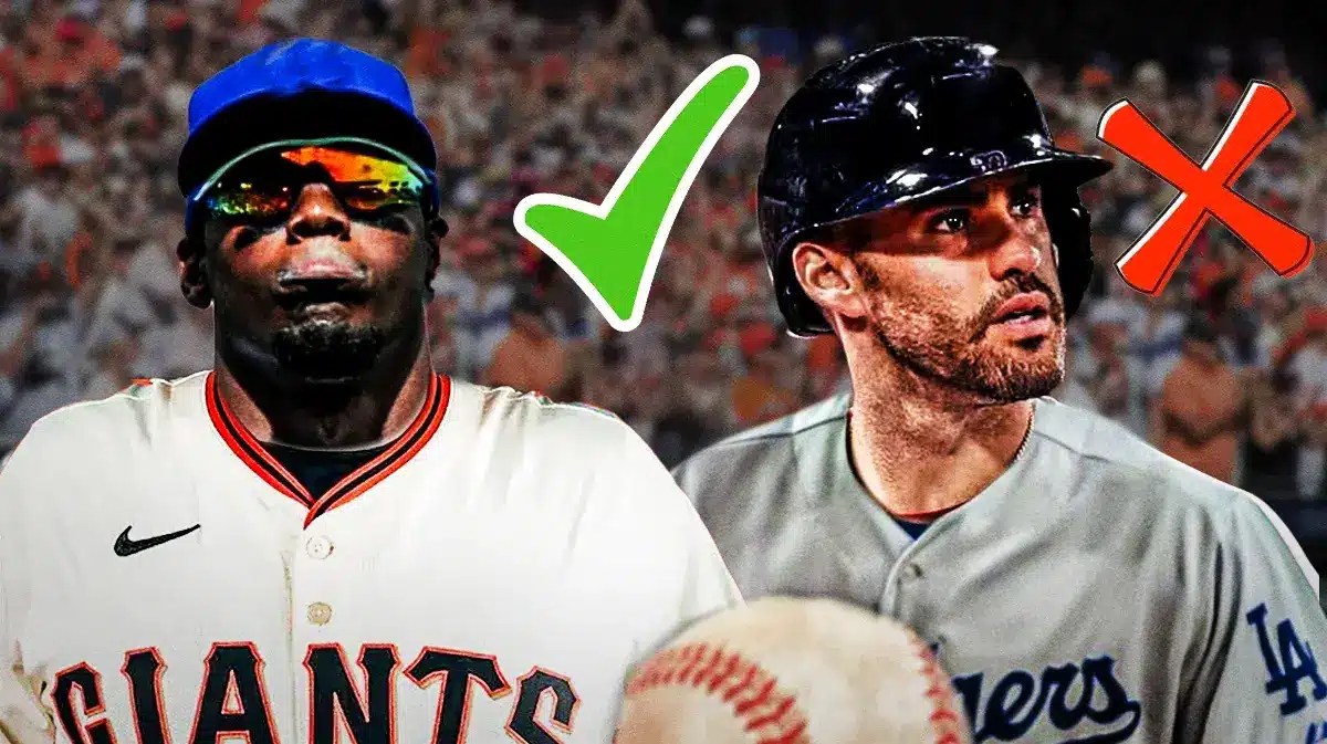 Jorge Soler with a checkmark over his head and J.D. Martinez (in a Los Angeles Dodgers uniform) with an “X” over his head