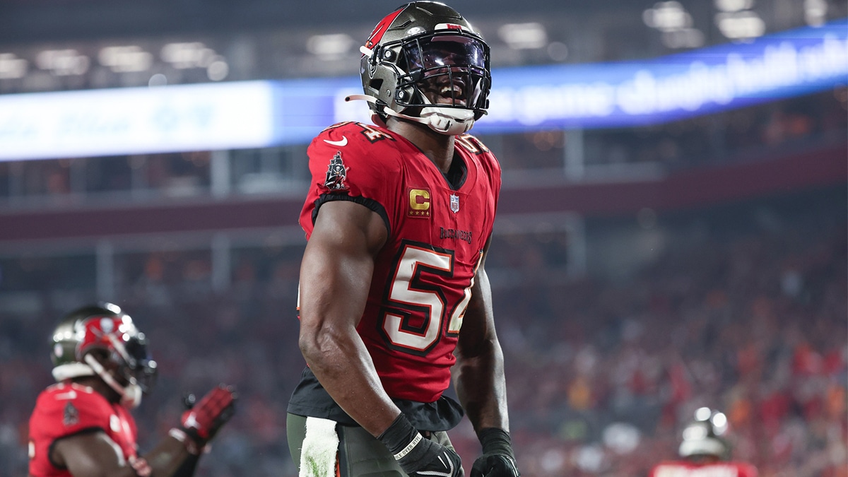 Tampa Bay Buccaneers linebacker Lavonte David (54) reacts after a safety against the Philadelphia Eagles during the second half of a 2024 NFC wild card game at Raymond James Stadium