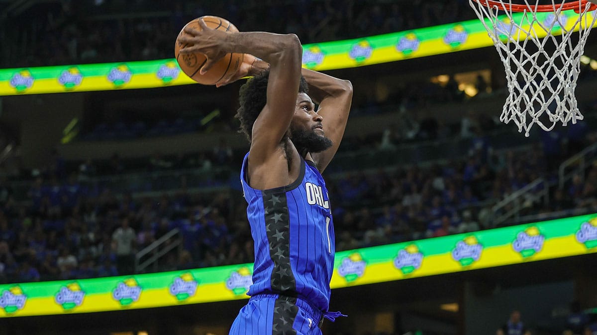 Orlando Magic forward Jonathan Isaac (1) dunks during the second quarter of game three of the first round for the 2024 NBA playoffs at Kia Center.