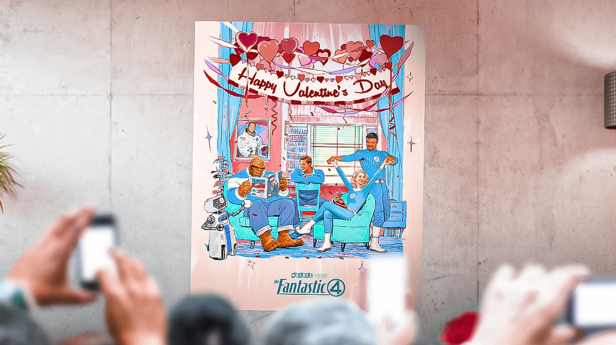 Fantastic Four poster as crowd looks on