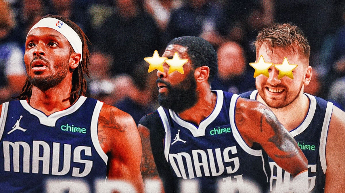 Mavericks' Luka Doncic, Kyrie Irving looking at Jerami Grant in a Mavs jersey