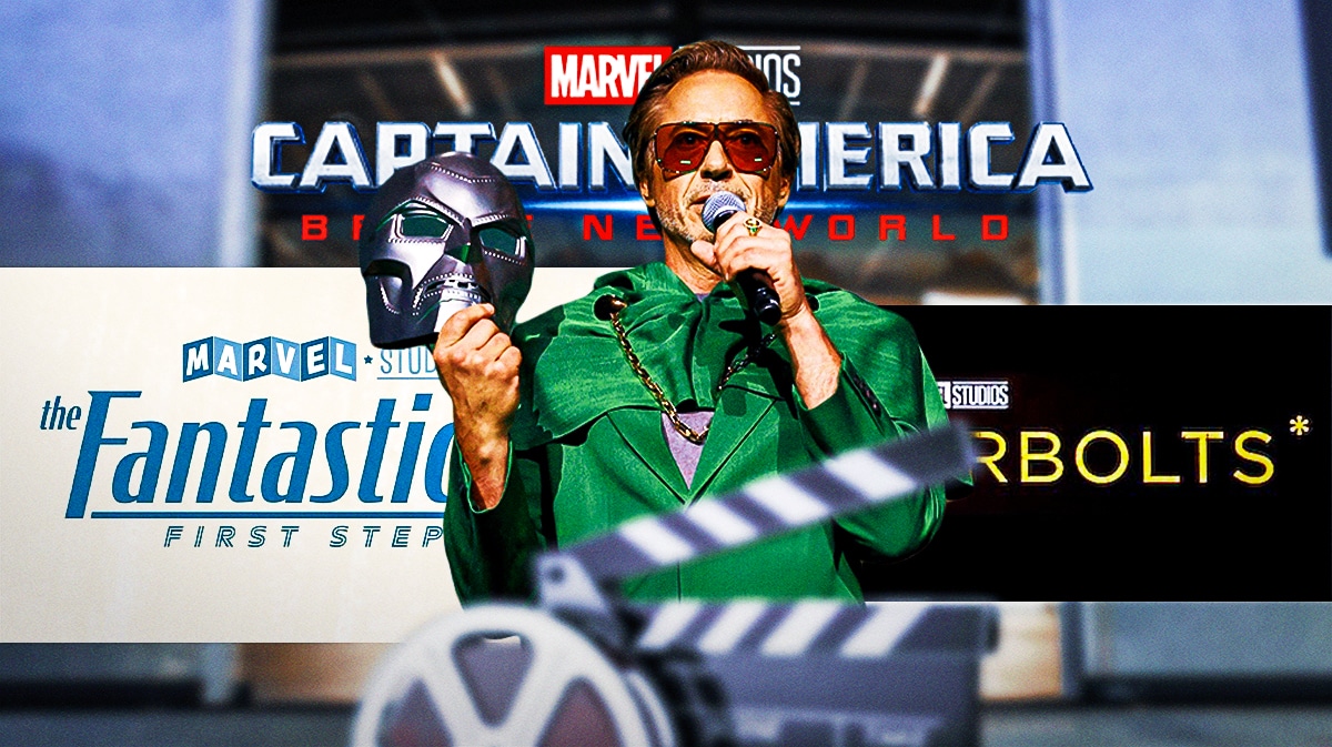 Robert Downey Jr as Doctor Doom with Marvel Cinematic Universe (MCU) logos for Fantastic Four: First Steps, Captain America: Brave New World, and Thunderbolts.