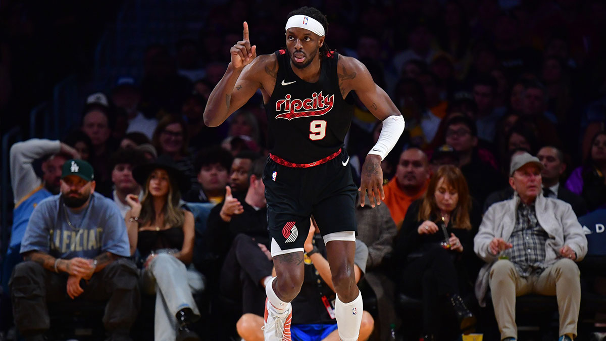 Portland Trail Blazers forward Jerami Grant (9) reacts after scoring a basket against the Los Angeles Lakers during the second half at Crypto.com Arena.
