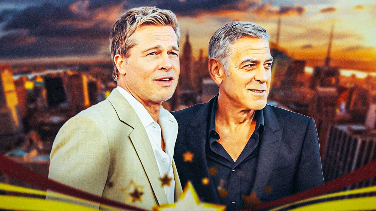 Wolfs stars Brad Pitt and George Clooney with New York City background.