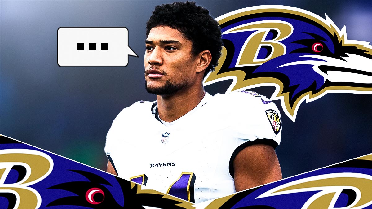 Baltimore Ravens safety Kyle Hamilton with a speech bubble with the three dots emoji inside. There is also a logo for the Baltimore Ravens.