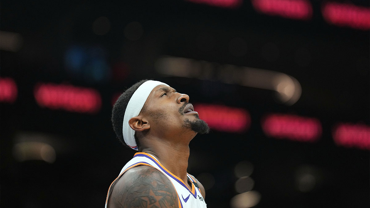 Oct 17, 2024; Phoenix, Arizona, USA; Phoenix Suns guard Bradley Beal (3) reacts against the Los Angeles Lakers during the second half at Footprint Center.