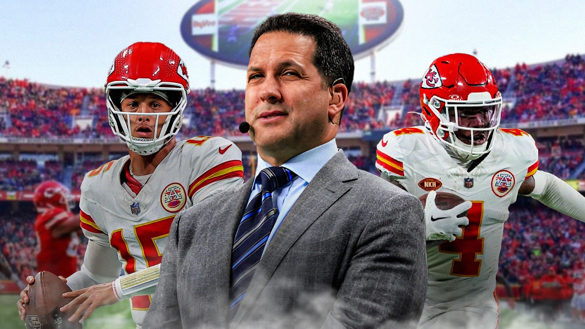 Adam Schefter next to Patrick Mahomes and Rashee Rice in front of the Chiefs stadium