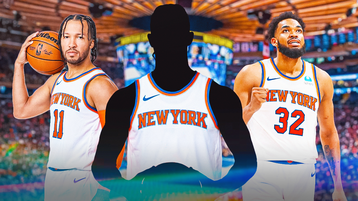 A shadowy player in a New York Knicks jersey. Have Jalen Brunson on one side of him and Karl-Anthony Towns in a Knicks jersey on the other side. Have the Knicks arena in the background, training camp roster
