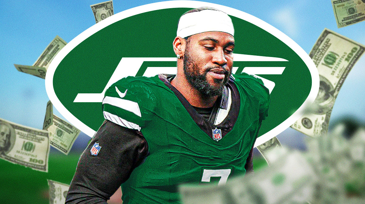 Haason Reddick in a New York Jets uniform with money falling around him in the background