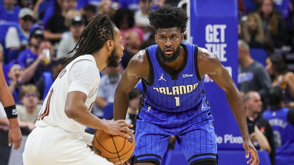 Orlando Magic forward Jonathan Isaac (1) defends Cleveland Cavaliers guard Darius Garland (10) during the second quarter of game six of the first round for the 2024 NBA playoffs at Kia Center.