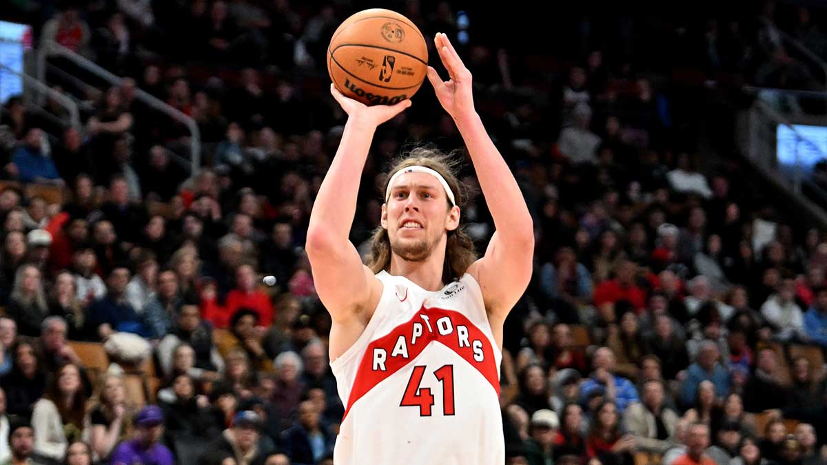Toronto Raptors forward Kelly Olynyk (41) shoots the ball against the Brooklyn Nets in the second half at Scotiabank Arena.