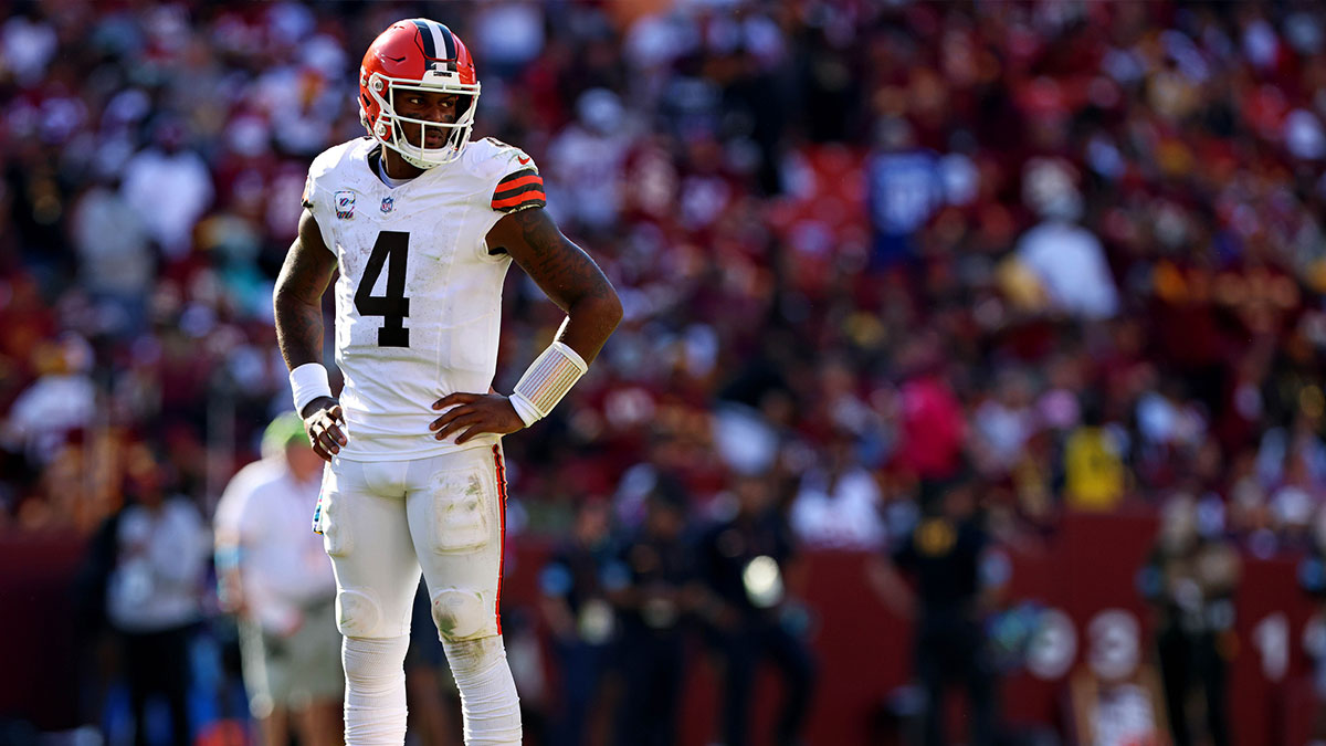 Cleveland Browns quarterback Deshaun Watson (4) waits for a play during the fourth quarter against the Washington Commanders at NorthWest Stadium.
