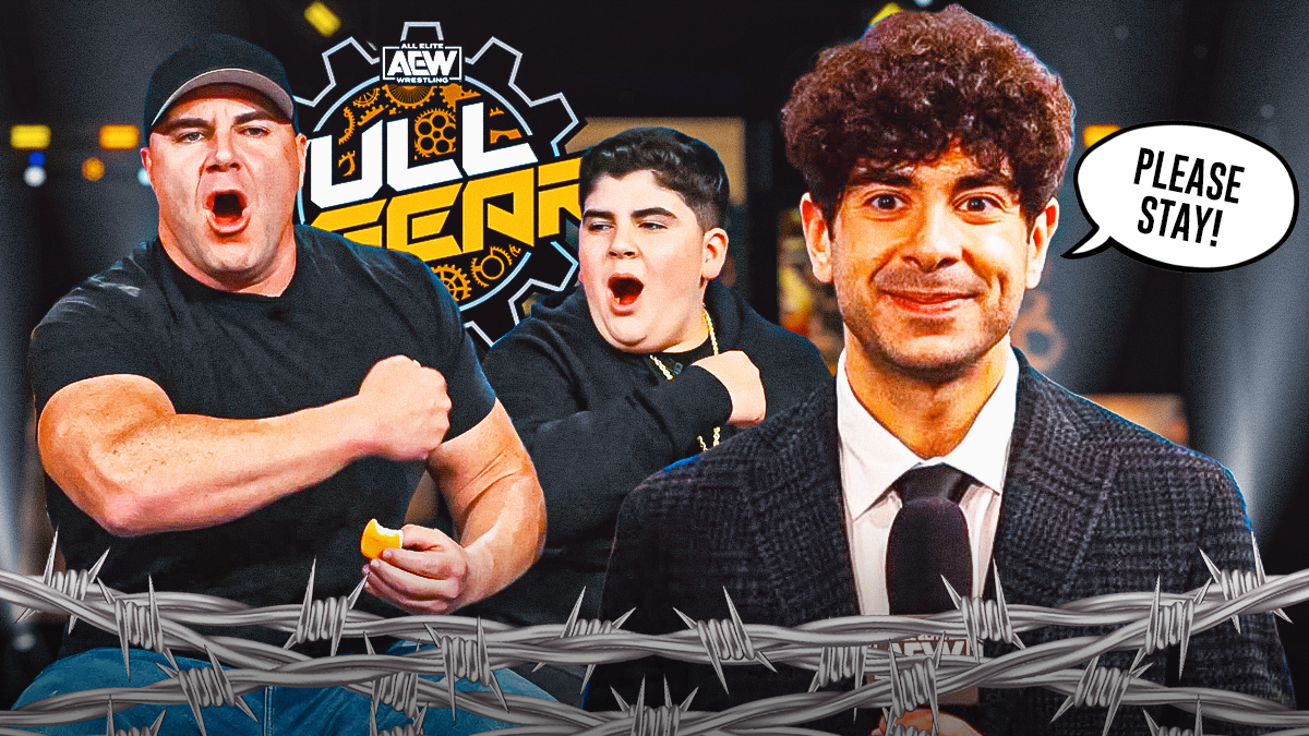 Tony Khan with a text bubble reading "Please stay!" next to The Costco Guys, AJ and Big Justice in front of the AEW Full Gear logo