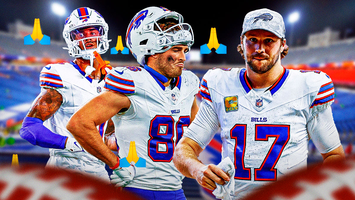 Bills’ Dalton Kincaid and Keon Coleman standing next to Josh Allen with prayer hand emojis