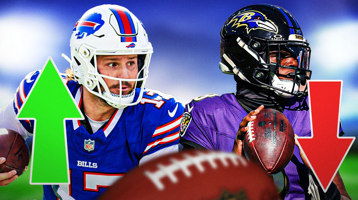 Bills Josh Allen with arrow pointing up and Ravens Lamar Jackson with arrow pointing down