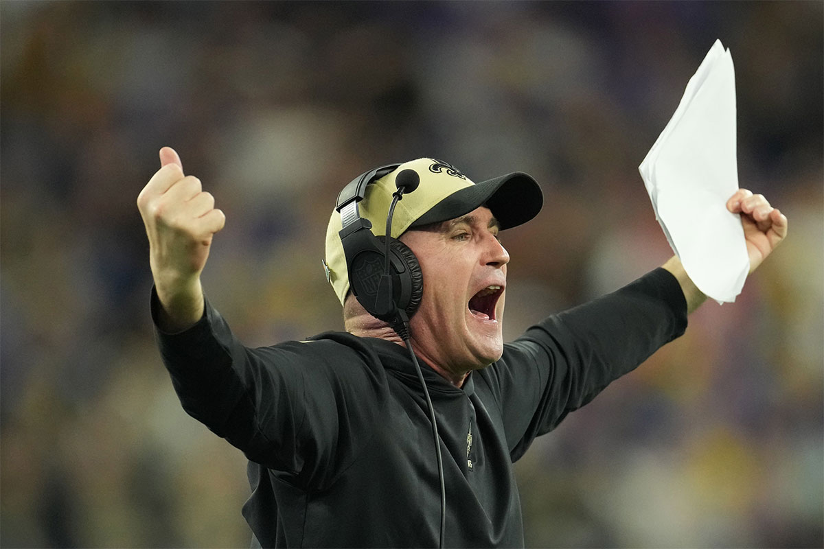 Dec 21, 2023; Inglewood, California, USA; New Orleans Saints special teams coordinator Darren Rizzi reacts against the Los Angeles Rams in the first half at SoFi Stadium.