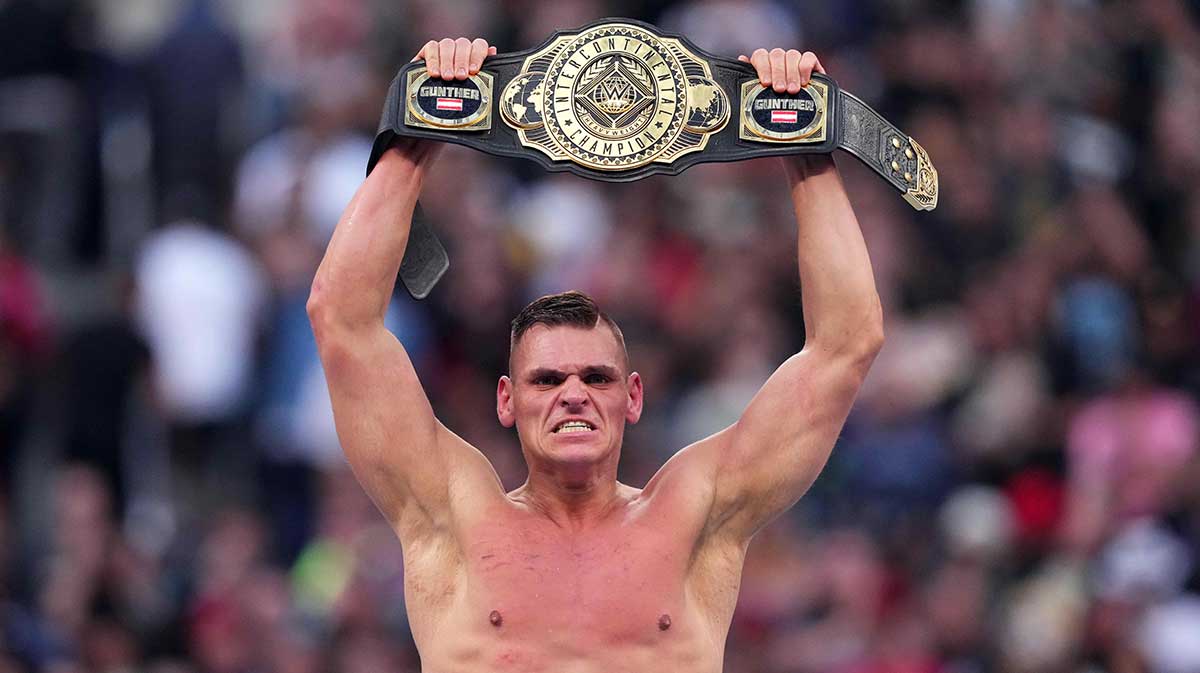 Gunther at WrestleMania 39 after retaining the Intercontinental Championship.