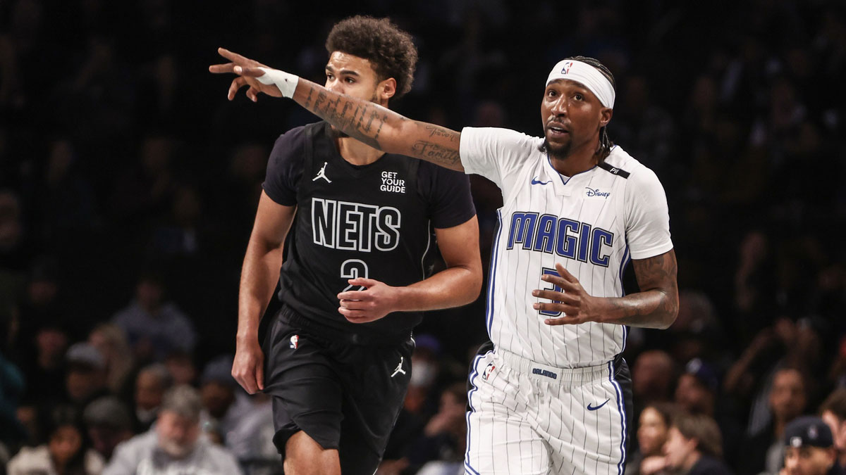 Orlando Magic guard Kentavious Caldwell-Pope (3) gestures after making a three point shot in the first quarter against the Brooklyn Nets at Barclays Center.