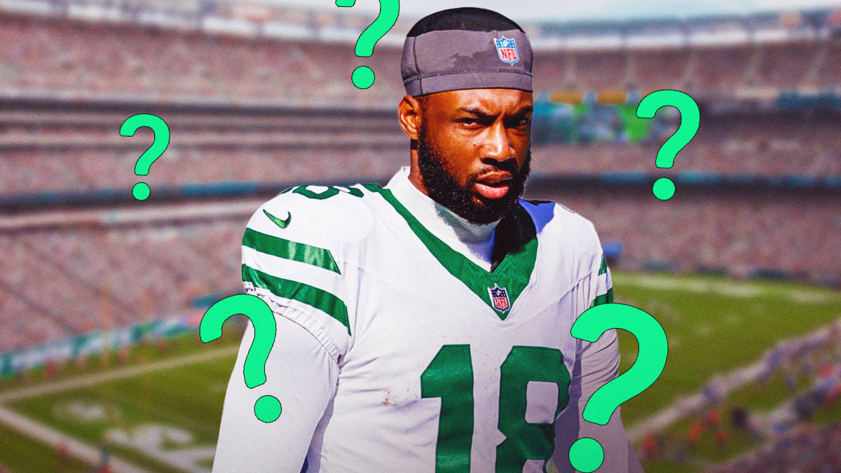 Mike Williams in a New York Jets uniform with little green question marks around him as the Jets could trade Williams at the deadline or hold him after Allen Lazard's injury.