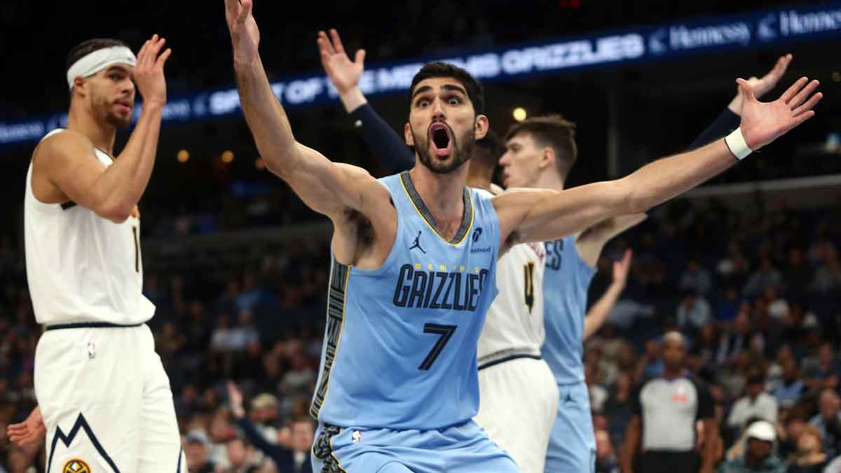 Memphis Grizzlies forward Santi Aldama (7) reacts during the second half against the Denver Nuggets at FedExForum.