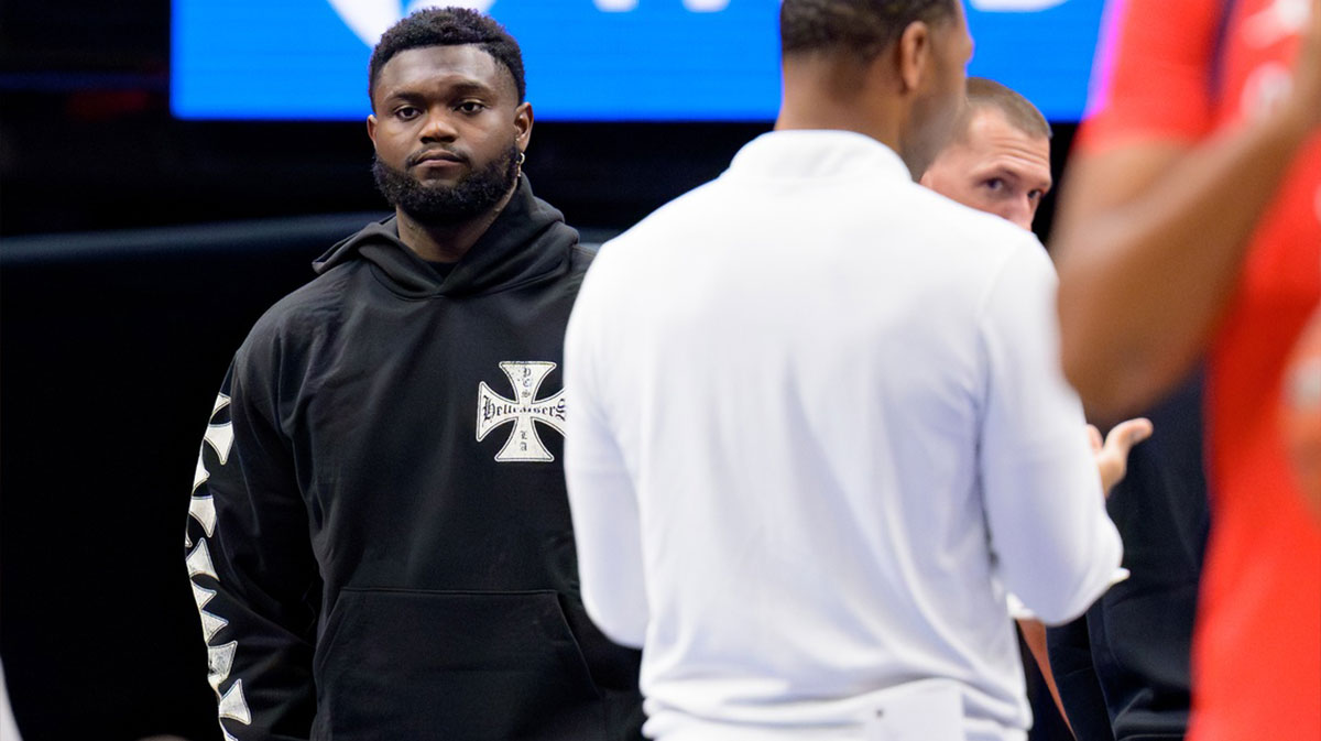 Nov 15, 2024; New Orleans, Louisiana, USA; New Orleans Pelicans forward Zion Williamson watches during a timeout against the Denver Nuggets at Smoothie King Center. Mandatory Credit: Matthew Hinton-Imagn Images