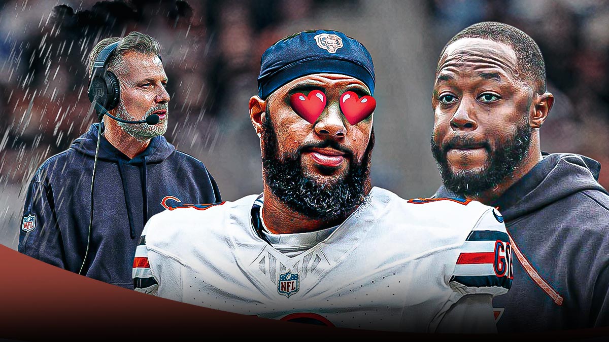 Chicago Bears WR Keenan Allen with heart eyes looking at Bears HC Thomas Brown, while Matt Eberflus is in the background with a stormy rain cloud above him. Background is Soldier Field.