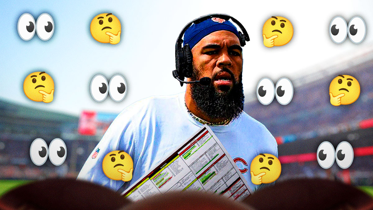 Chicago Bears WR Keenan Allen wearing sideline clothes with a coaching headset on and holding a playcall sheet in front of Soldier Field. There are multiple 👀 and 🤔 emojis in the background.