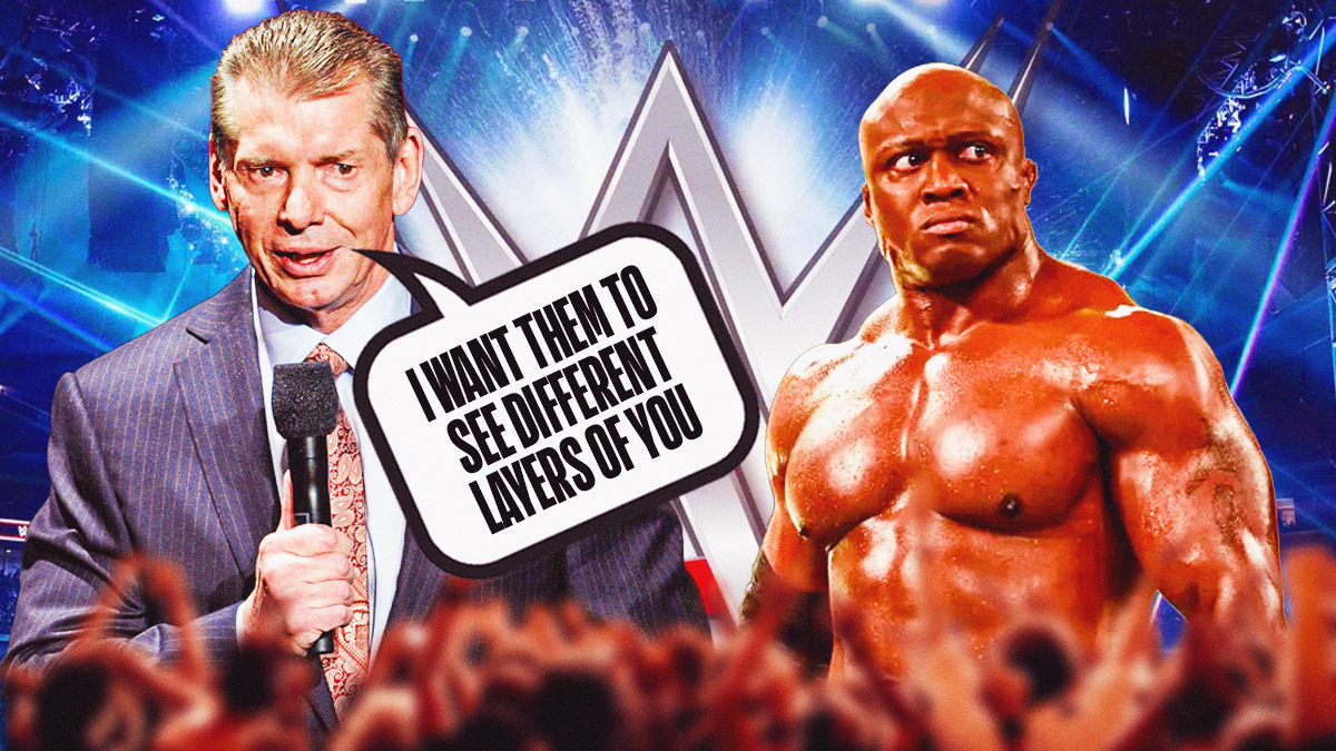 Vince McMahon with a text bubble reading "I want them to see different layers of you" next to Bobby Lashley with the WWE logo as the background.
