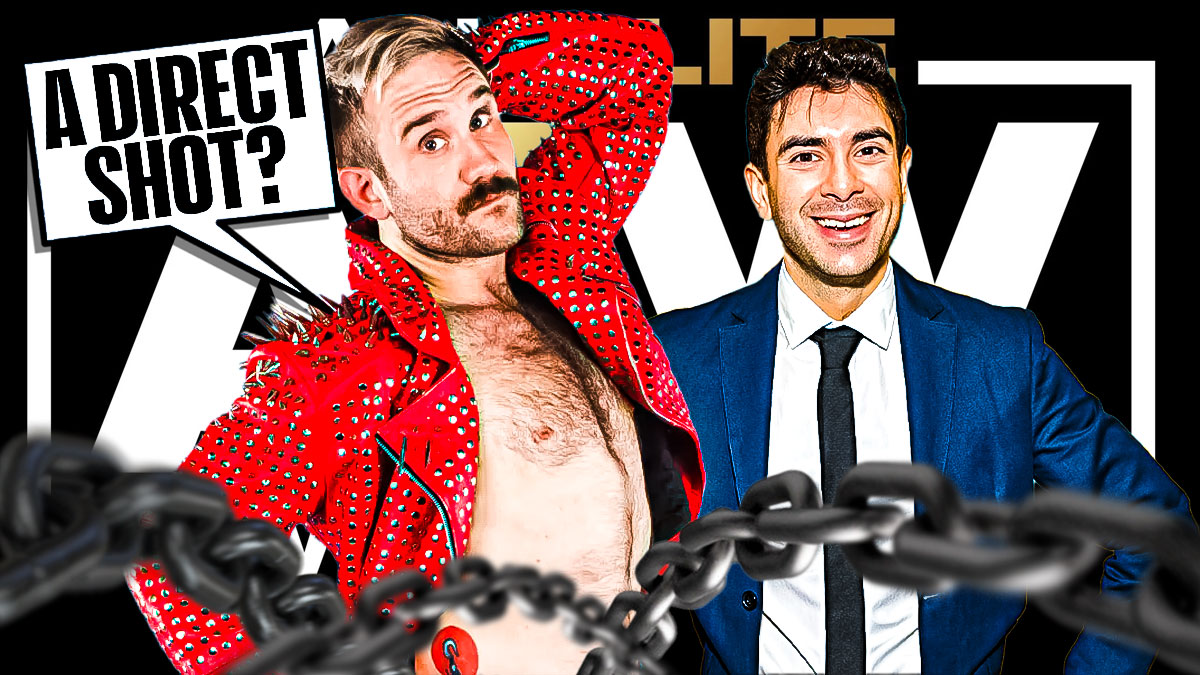 GCW wrestler Effy with a text bubble reading "A direct shot?" next to Tony Khan in front of the AEW logo.