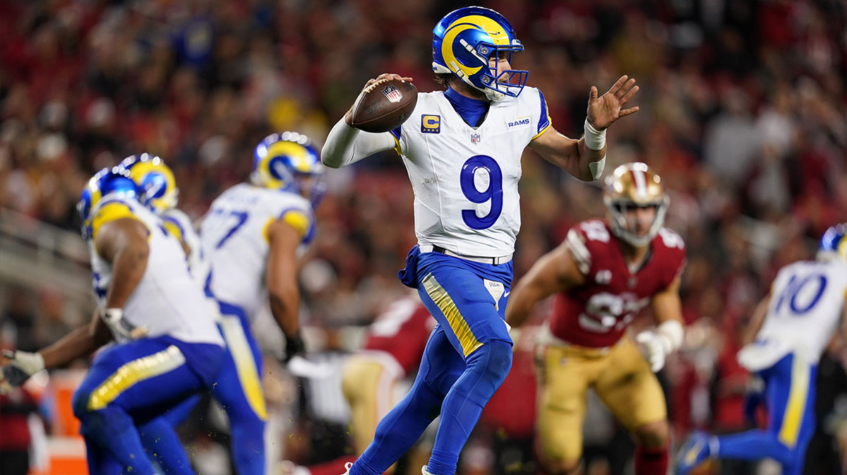 Dec 12, 2024; Santa Clara, California, USA; Los Angeles Rams quarterback Matthew Stafford (9) throws a pass against the San Francisco 49ers in the fourth quarter at Levi's Stadium. Mandatory Credit: Cary Edmondson-Imagn Images