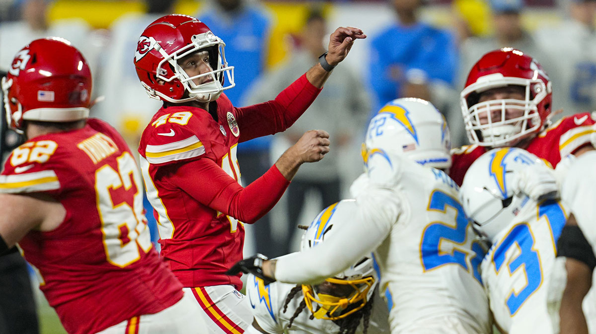 Kansas City Chiefs place kicker Matthew Wright (49) kicks a game winning field goal as time expires against the Los Angeles Chargers at GEHA Field at Arrowhead Stadium.