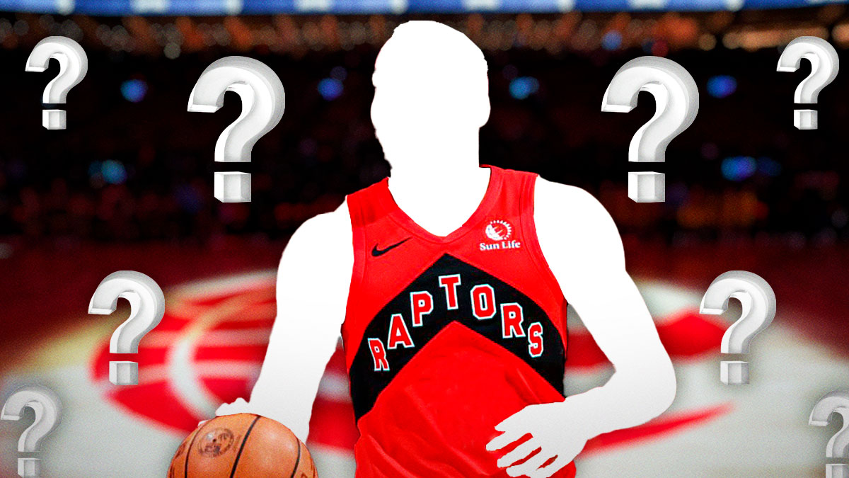 A silhouetted Raptors player surrounded by question marks.