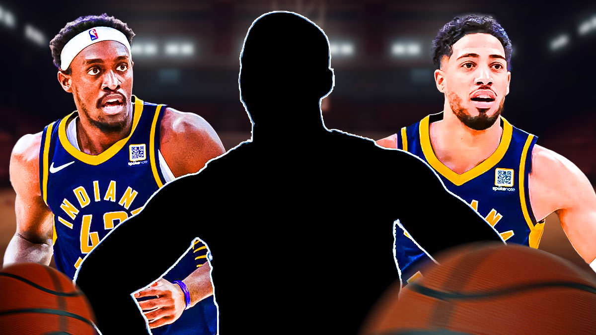 Pascal Siakam in Indiana Pacers jersey, Tyrese Haliburton in Indiana Pacers jersey, Silhouette/shadow of basketball player in the middle