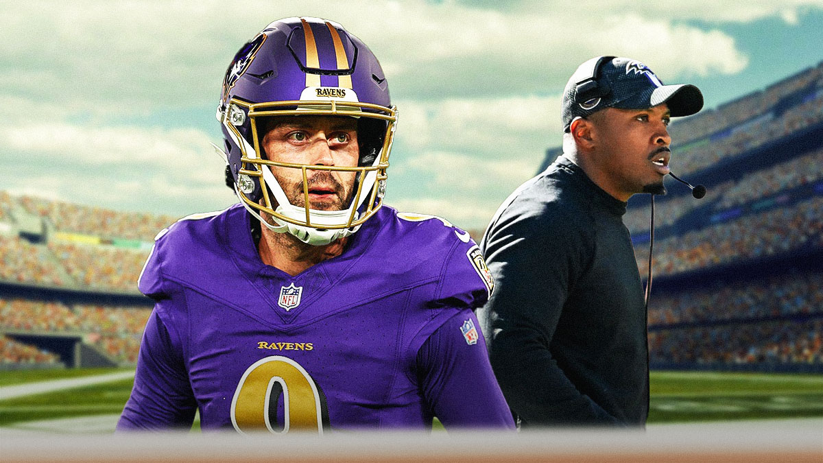 Justin Tucker next to Ravens special teams coordinator Chris Horton with the Ravens stadium as the background.
