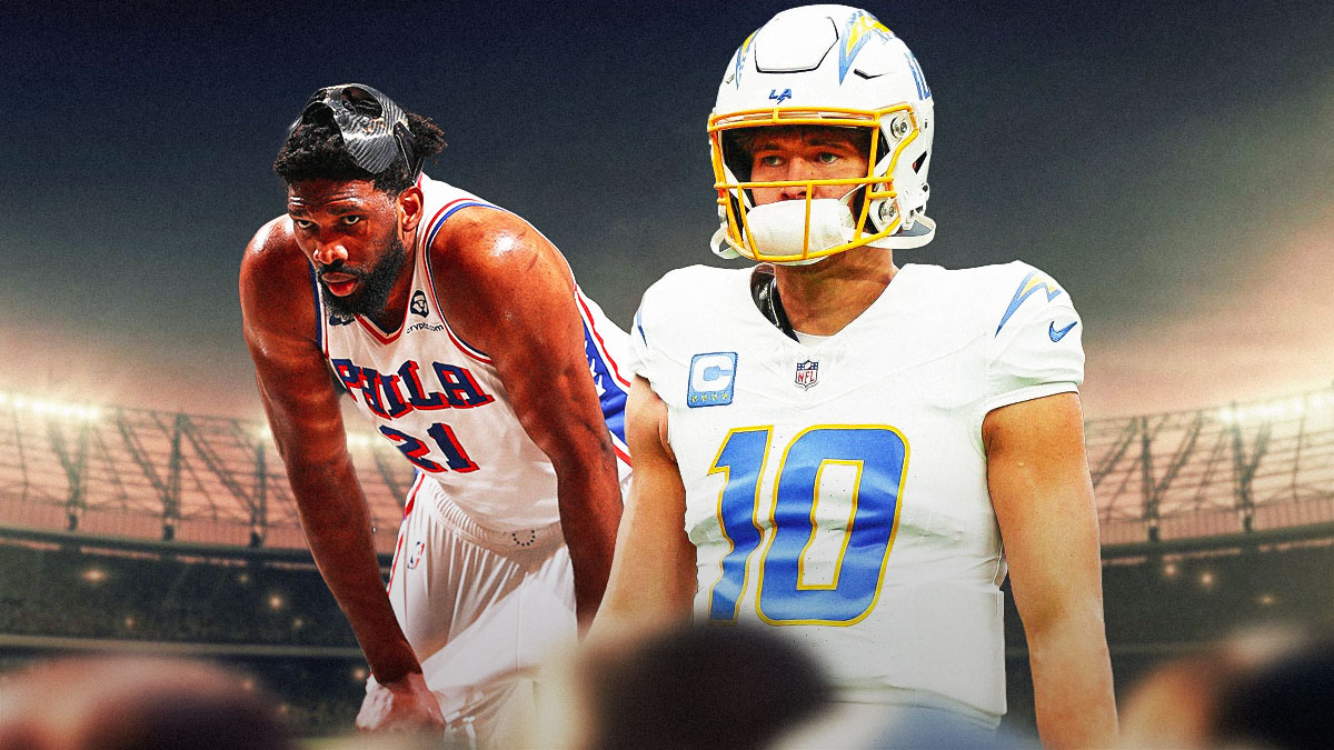 Image of 76ers Joel Embiid looking upset next to image of Chargers QB Justin Herbert