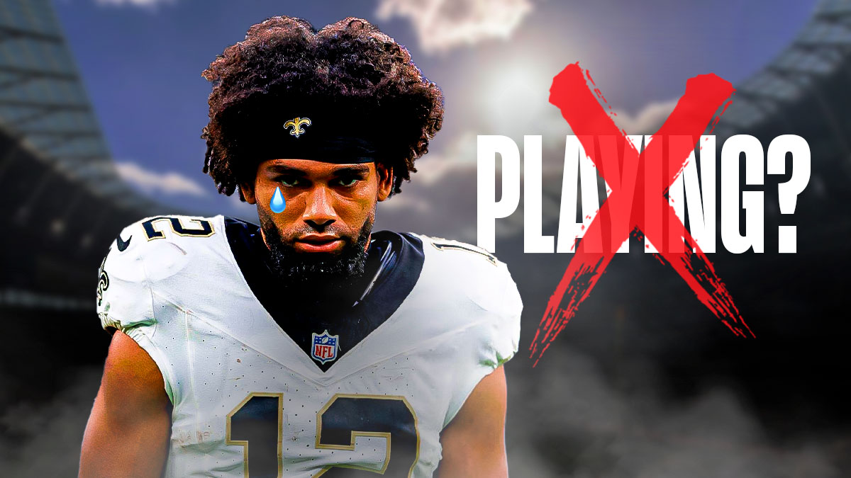 Saints wide receiver Chris Olave with an emoji of a tear running down his face, and the word "Playing?" next to him. Through the word "Playing?" there's a big red X going through it.