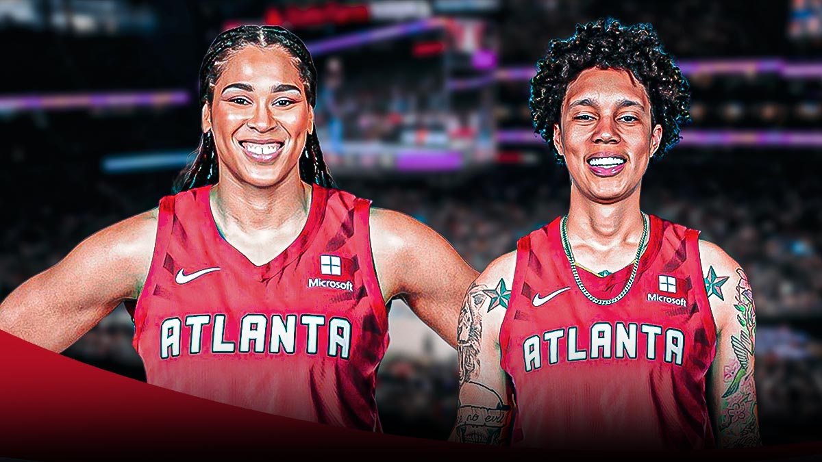 Former WNBA Connecticut Sun player Brionna Jones, with a jersey swap so she is in a WNBA Atlanta Dream jersey, and former WNBA Phoenix Mercury player Brittney Griner, also with a jersey swap so she is in an Atlanta Dream jersey