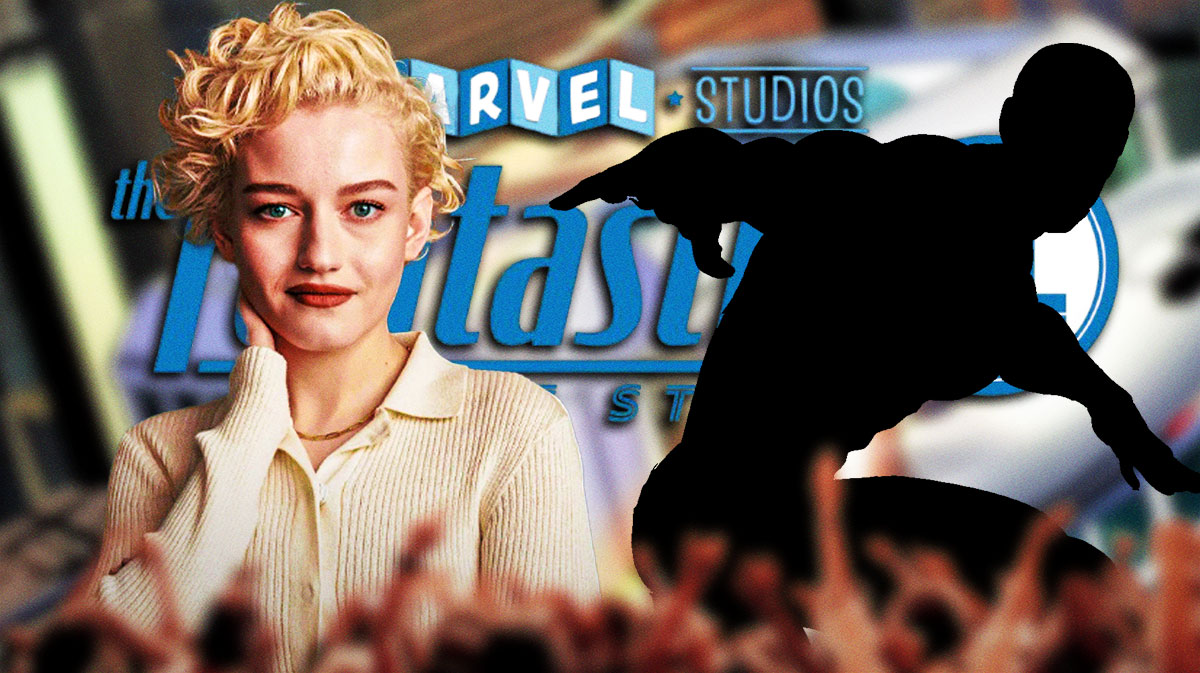 Julia Garner next to silhouette of the Silver Surfer and Marvel Cinematic Universe (MCU) Fantastic Four: First Steps logo.