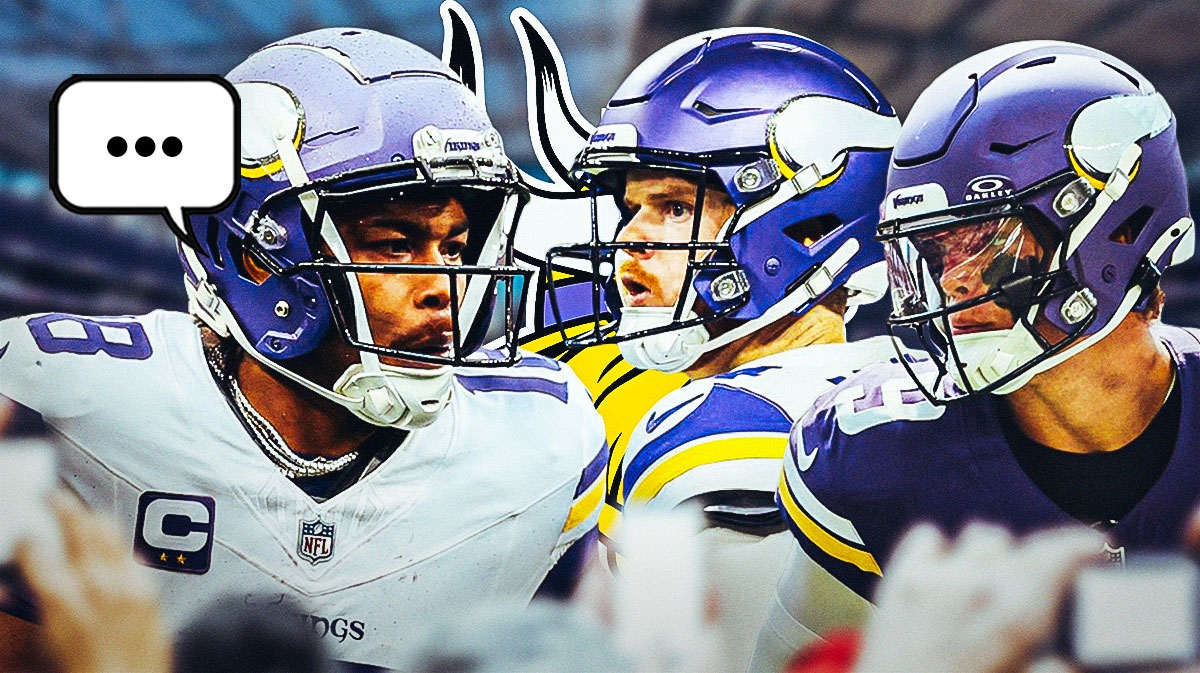 Minnesota Vikings WR Justin Jefferson with a speech bubble that has the three dots emoji inside. He is next to Vikings QBs Sam Darnold and J.J. McCarthy. There is also a logo for the Minnesota Vikings.