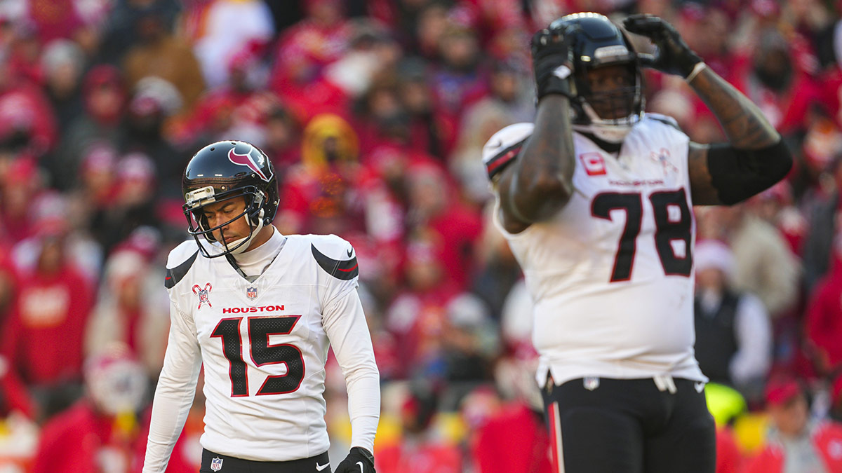 Houston Texans place kicker Ka'imi Fairbairn (15) and offensive tackle Laremy Tunsil (78) react after a missed extra point during the second half against the Kansas City Chiefs at GEHA Field at Arrowhead Stadium.