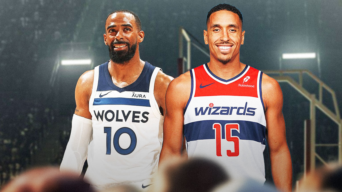 Timberwolves' Mike Conley and Wizards' Malcolm Brogdon laughing
