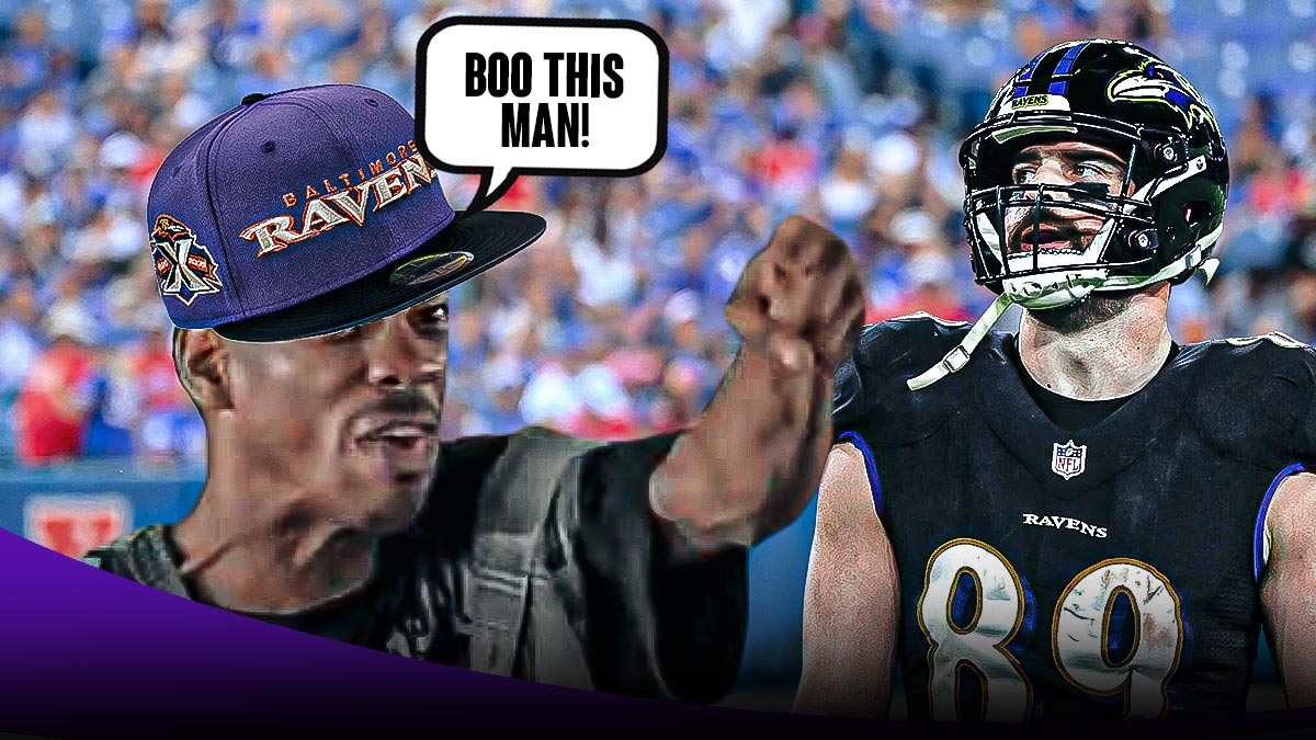 Fan wearing Ravens hat with a speech bubble above his head saying, "BOO THIS MAN!" pointing to Ravens TE Mark Andrews. Background is Highmark Stadium.