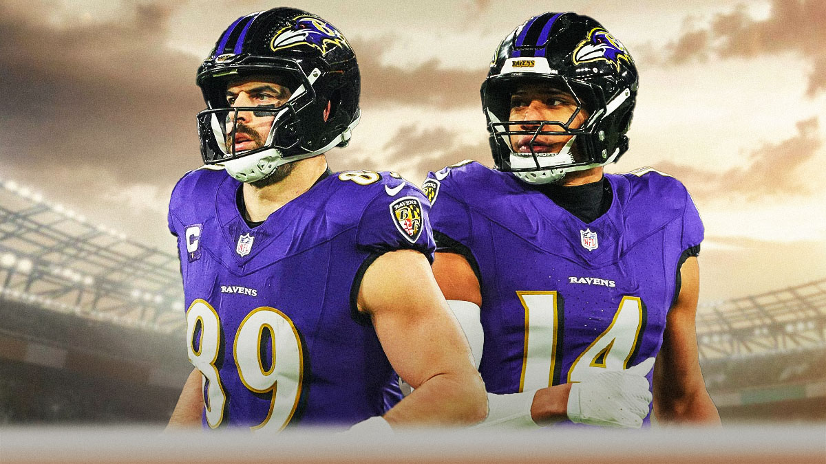 Kyle Hamilton looking at Mark Andrews both looking sad.