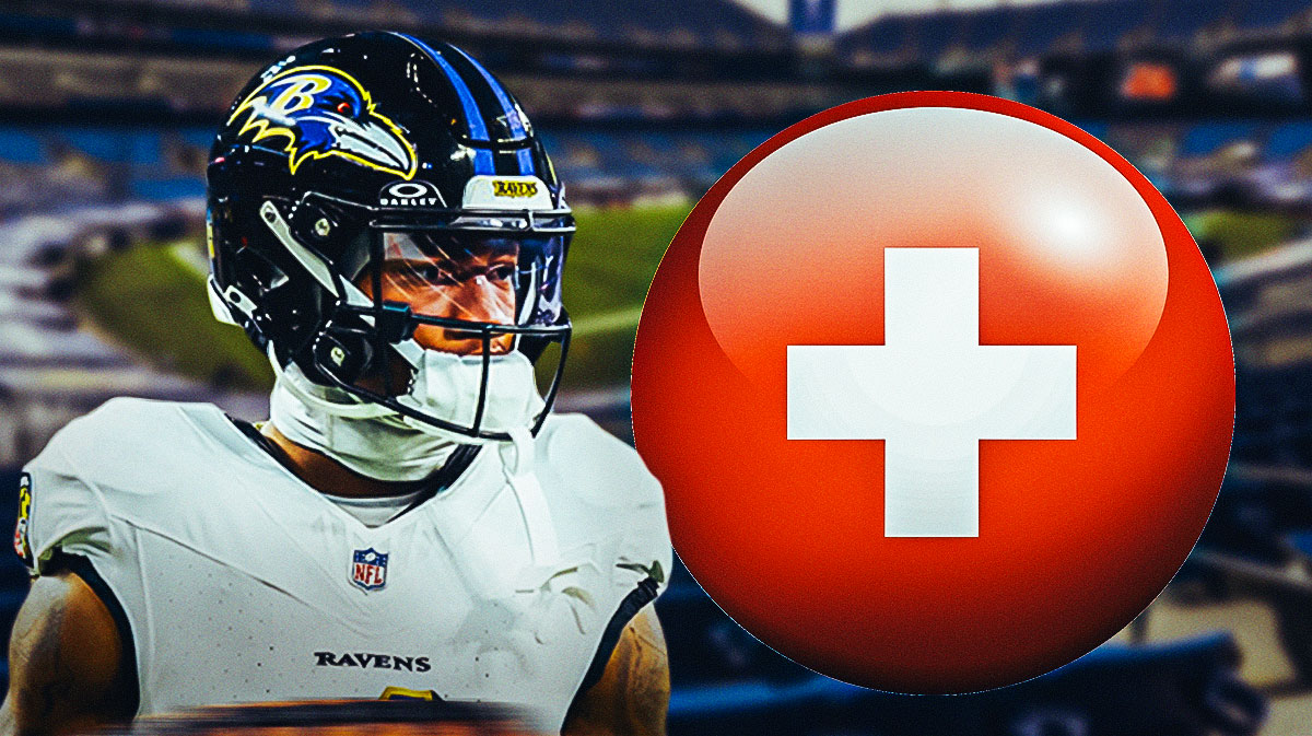Zay Flowers in a Baltimore Ravens uniform with a red and white first aid symbol as Flowers is dealing with injury before playoff game with Bills.