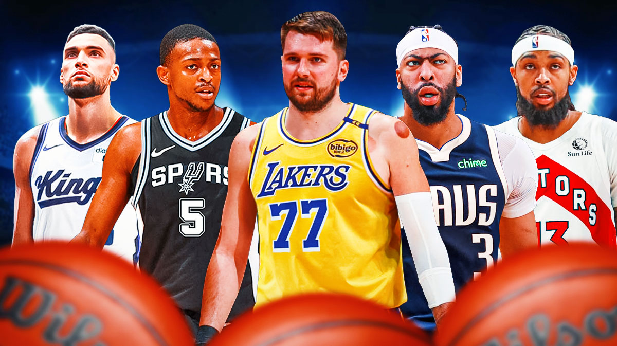 Luka Doncic (Lakers), Anthony Davis (Mavericks), Jimmy Butler (Warriors), Brandon Ingram (Raptors), De'Aaron Fox (Spurs), Zach LaVine (Kings) all together
