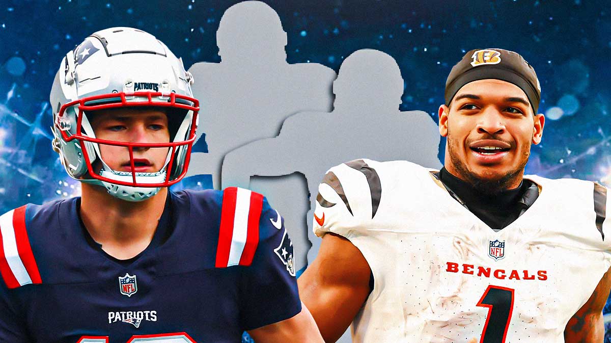 Patriots' Drake Maye next to Ja'Marr Chase and two silhouettes