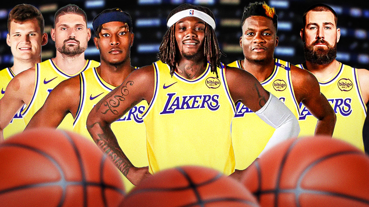 Robert Williams, Clint Capela, Myles Turner, Nikola Vucevic, Jonas Valanciunas, Walker Kessler in Lakers jerseys
