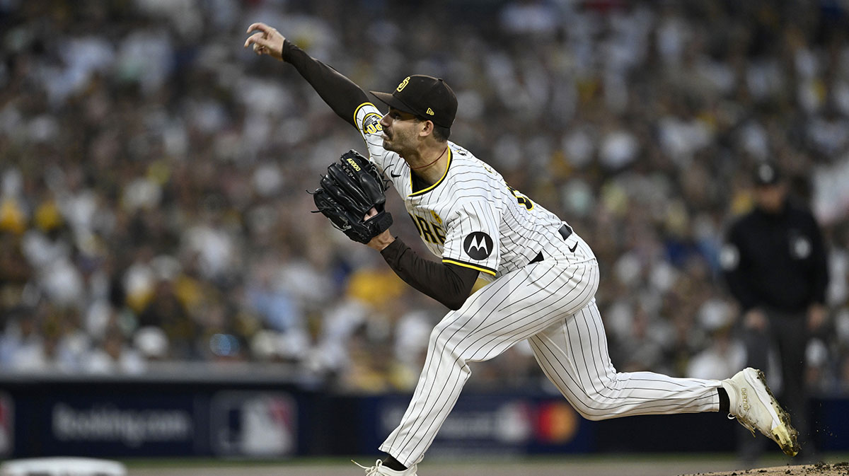 San Diego Padres pitcher Dylan Cease (84) throws in the first inning against the Los Angeles Dodgers during game four of the NLDS for the 2024 MLB Playoffs at Petco Park.