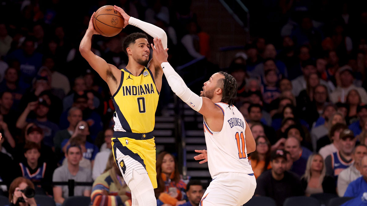 Indiana Pacers guard Tyrese Haliburton (0) looks to pass the ball against New York Knicks guard Jalen Brunson (11) during the third quarter at Madison Square Garden.