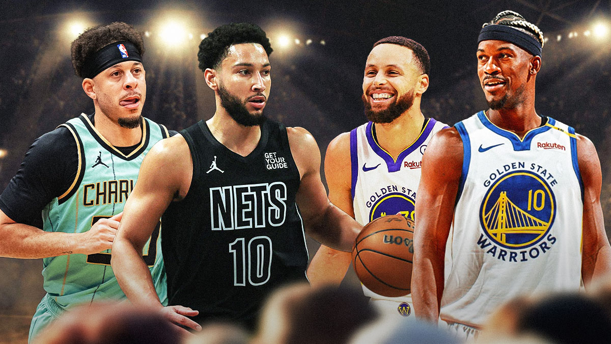 Warriors' Jimmy Butler and Stephen Curry smiling at Ben Simmons and Seth Curry